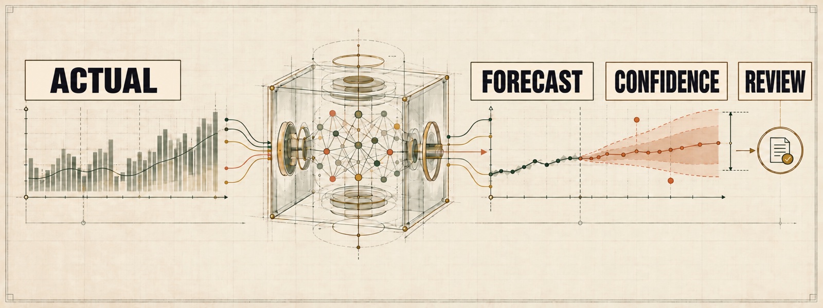 Schematische KI-Illustration zu Ist-Daten, Forecast, Konfidenz und Review
