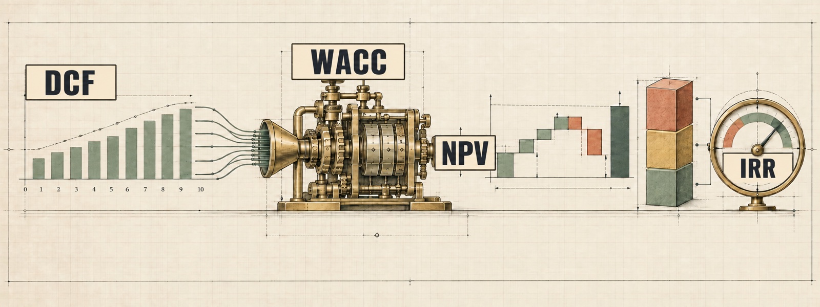 Schematische Bewertungsillustration zu DCF, NPV und IRR