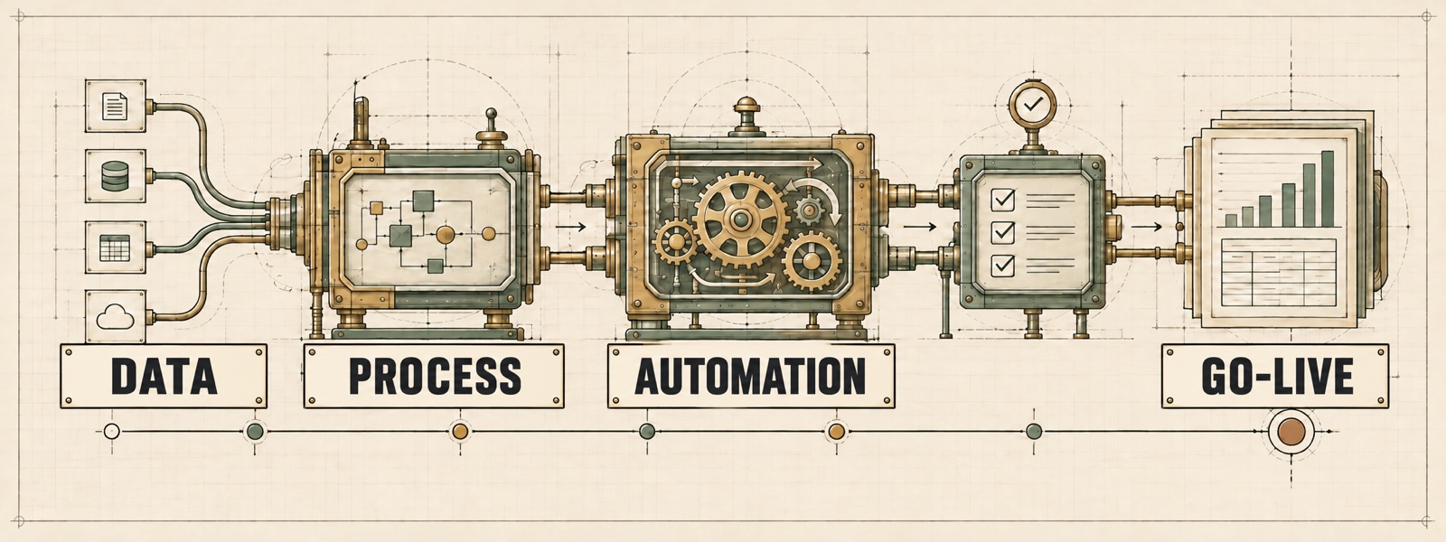 Schematische Prozessillustration von Daten über Automatisierung bis zum ERP-Go-live