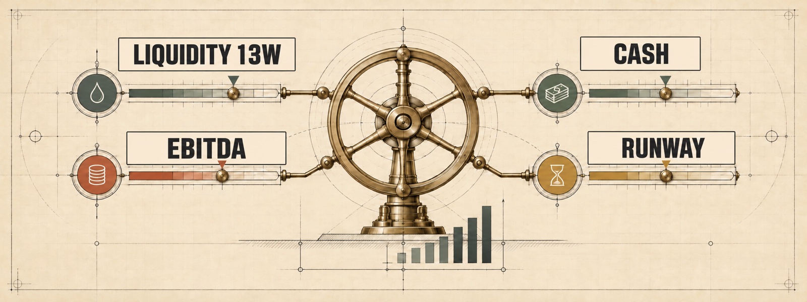 Schematische KPI-Illustration zu Liquidität, EBITDA, Cash und Runway