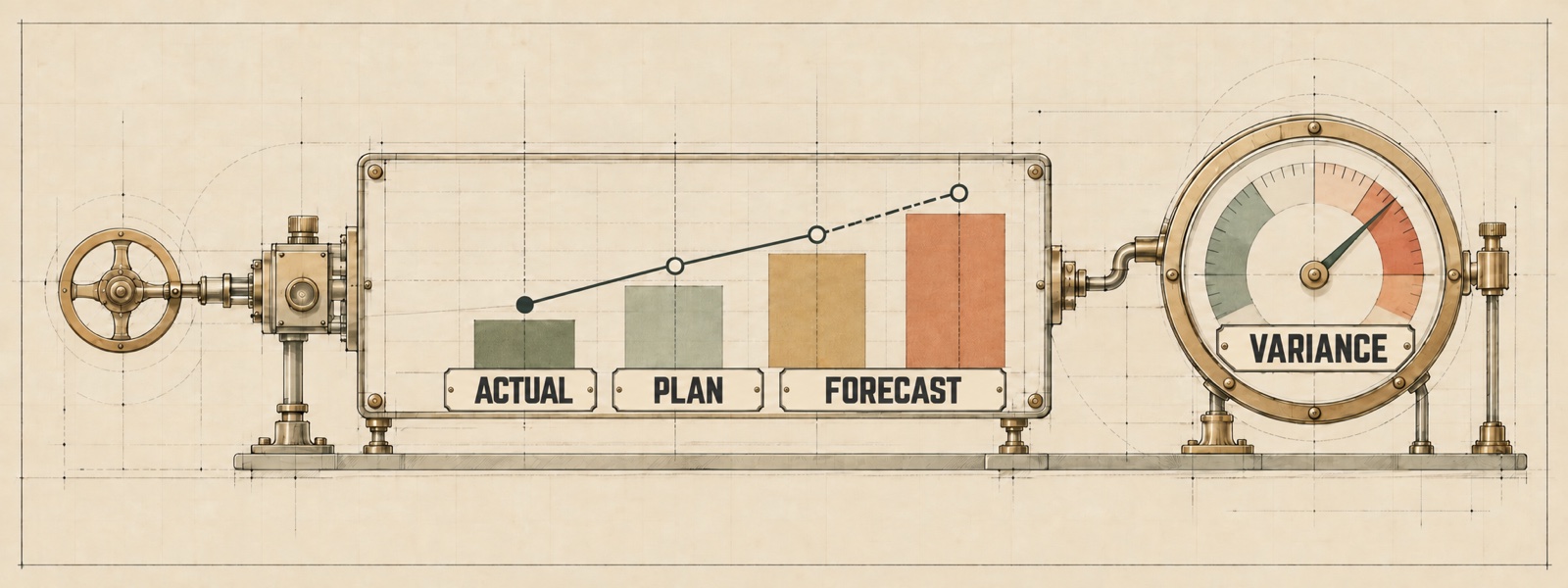 Schematische KPI-Illustration zu Ist, Plan, Forecast und Abweichung
